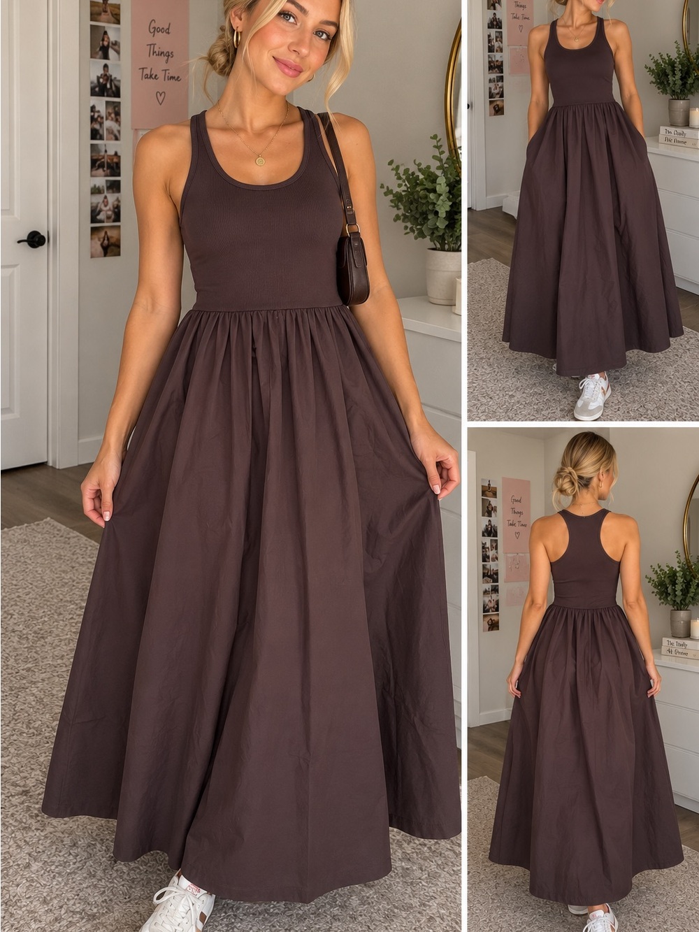 Sleeveless Midi Dress with Racerback in Dark Brown